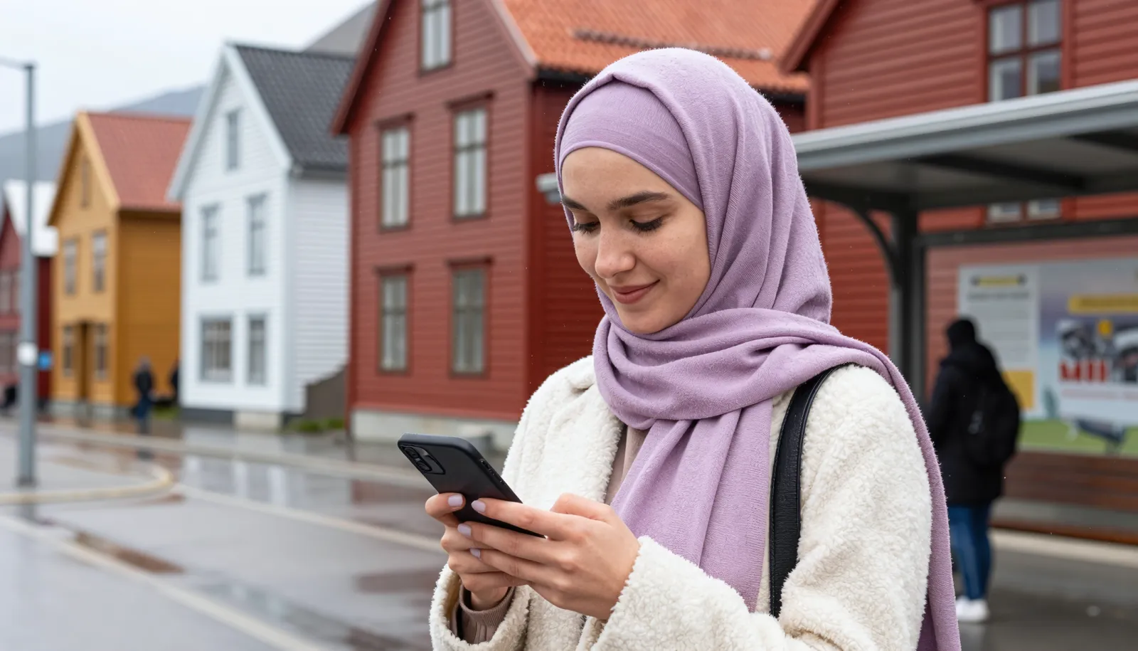 افضل شريحة نت في النرويج – شابة بحجاب تبتسم لهاتفها في محطة ترام في بيرغن