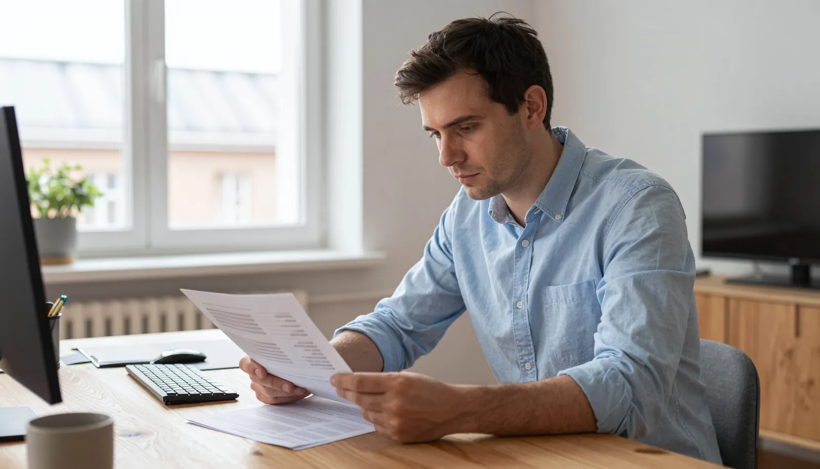 رجل يراجع أوراق قرض النرويج في شقة اسكندنافية مضيئة