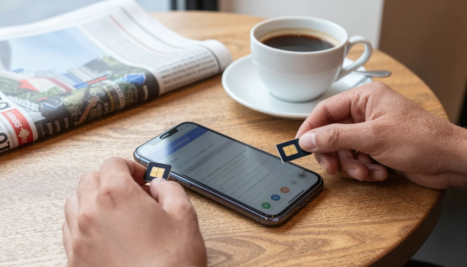 Inserting a sim card into a smartphone at a café in Norway