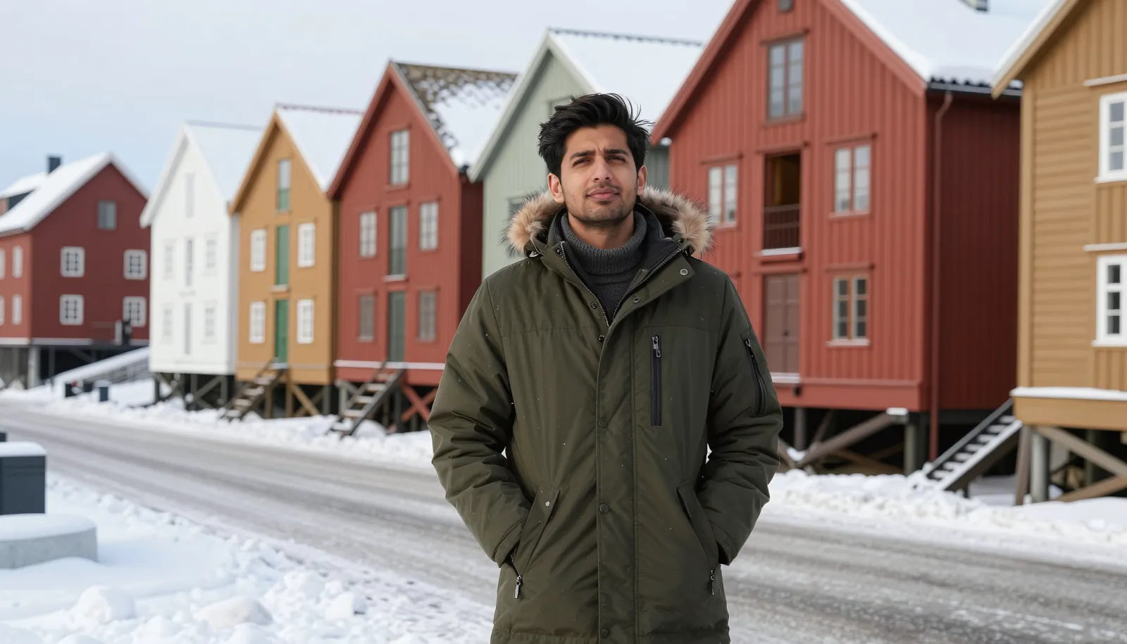 Bank account Norway foreigners – a newcomer on a snowy Trondheim street, relieved after sorting out his banking
