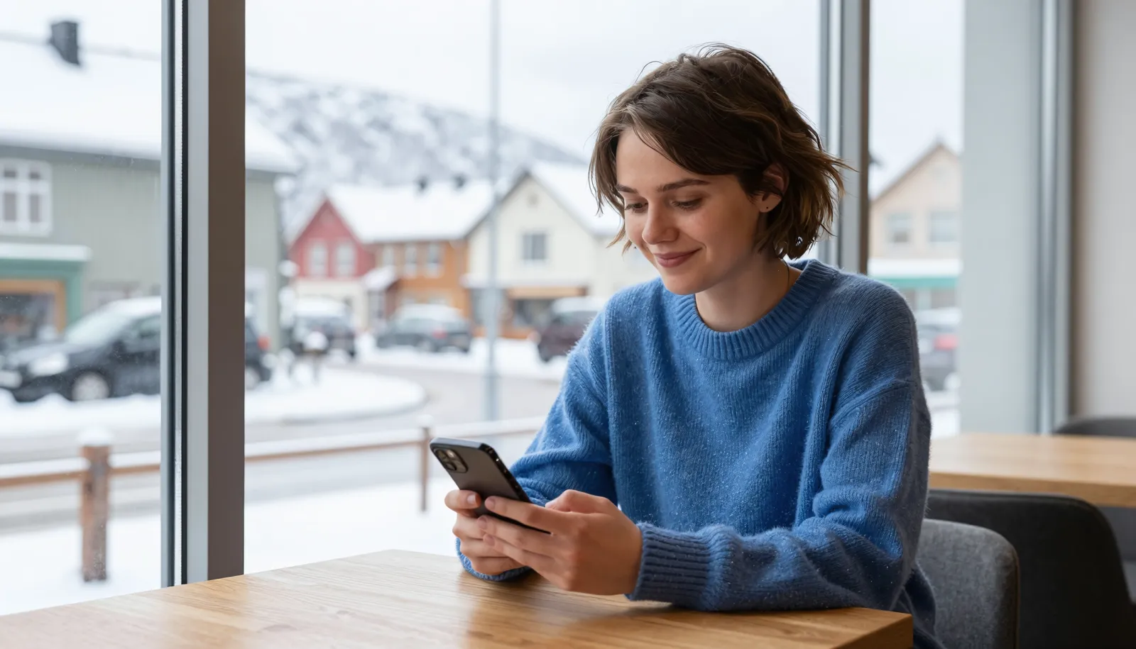 Woman comparing the cheapest mobile plan Norway options on her phone at a Norwegian café
