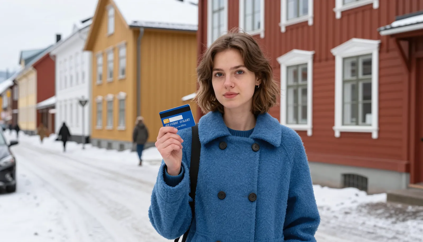 Credit card Norway for foreigners – woman holding a card on an Oslo street