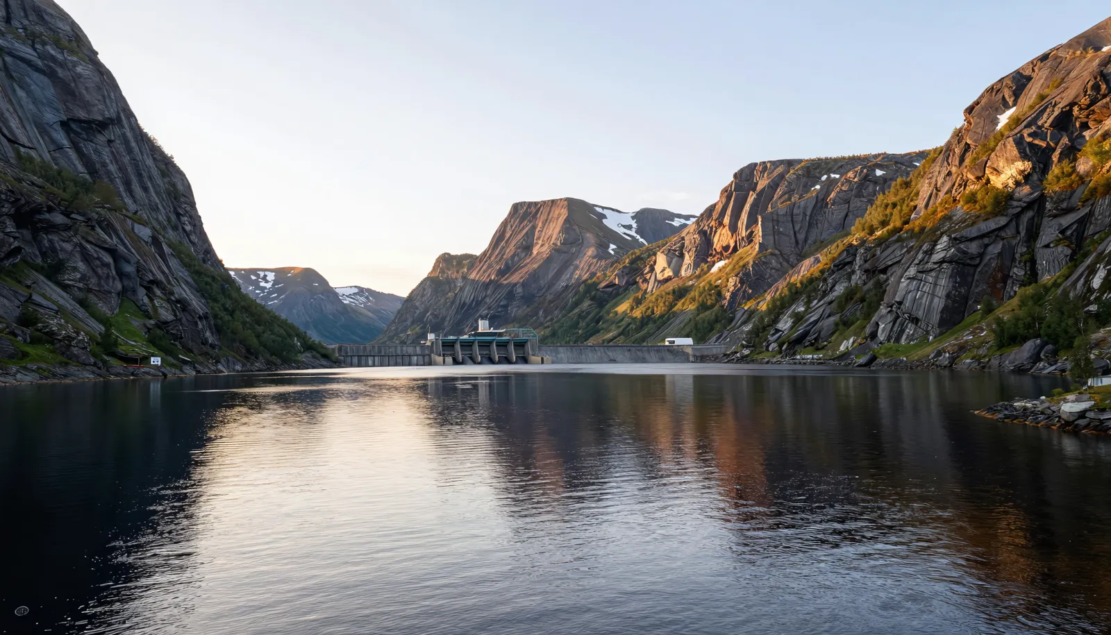 Hydropower dam in a Norwegian fjord — the main source behind the electricity price in Norway