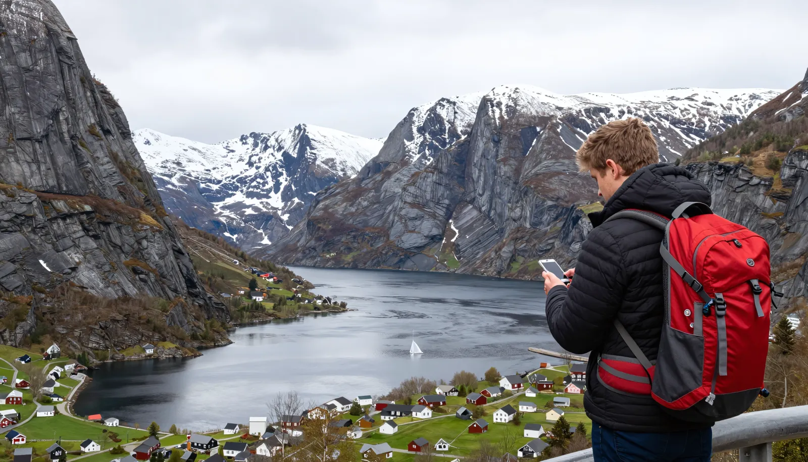 Checking mobile coverage in a Norwegian fjord landscape