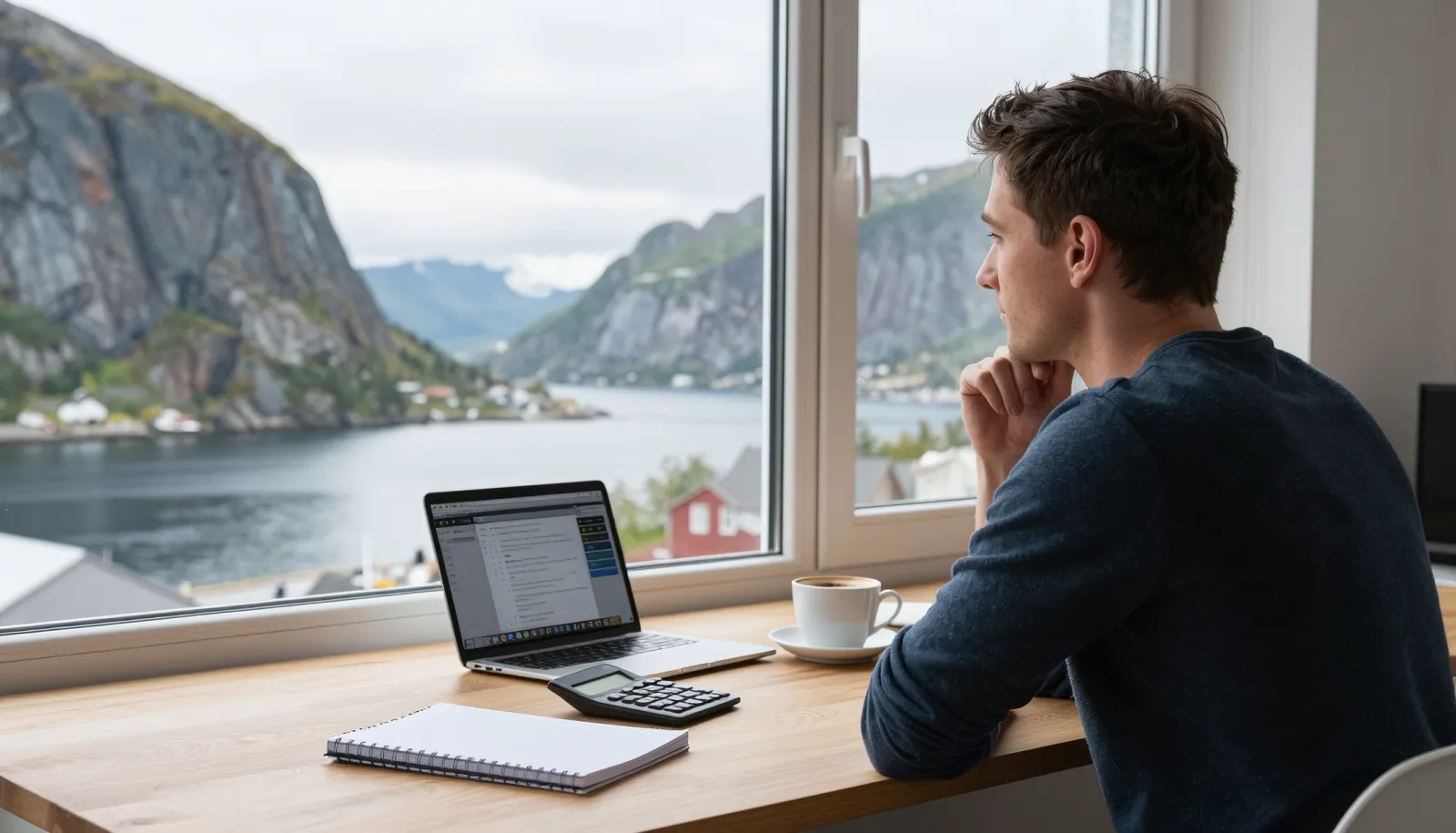 Loan comparison table with calculator and coffee on a Scandinavian desk