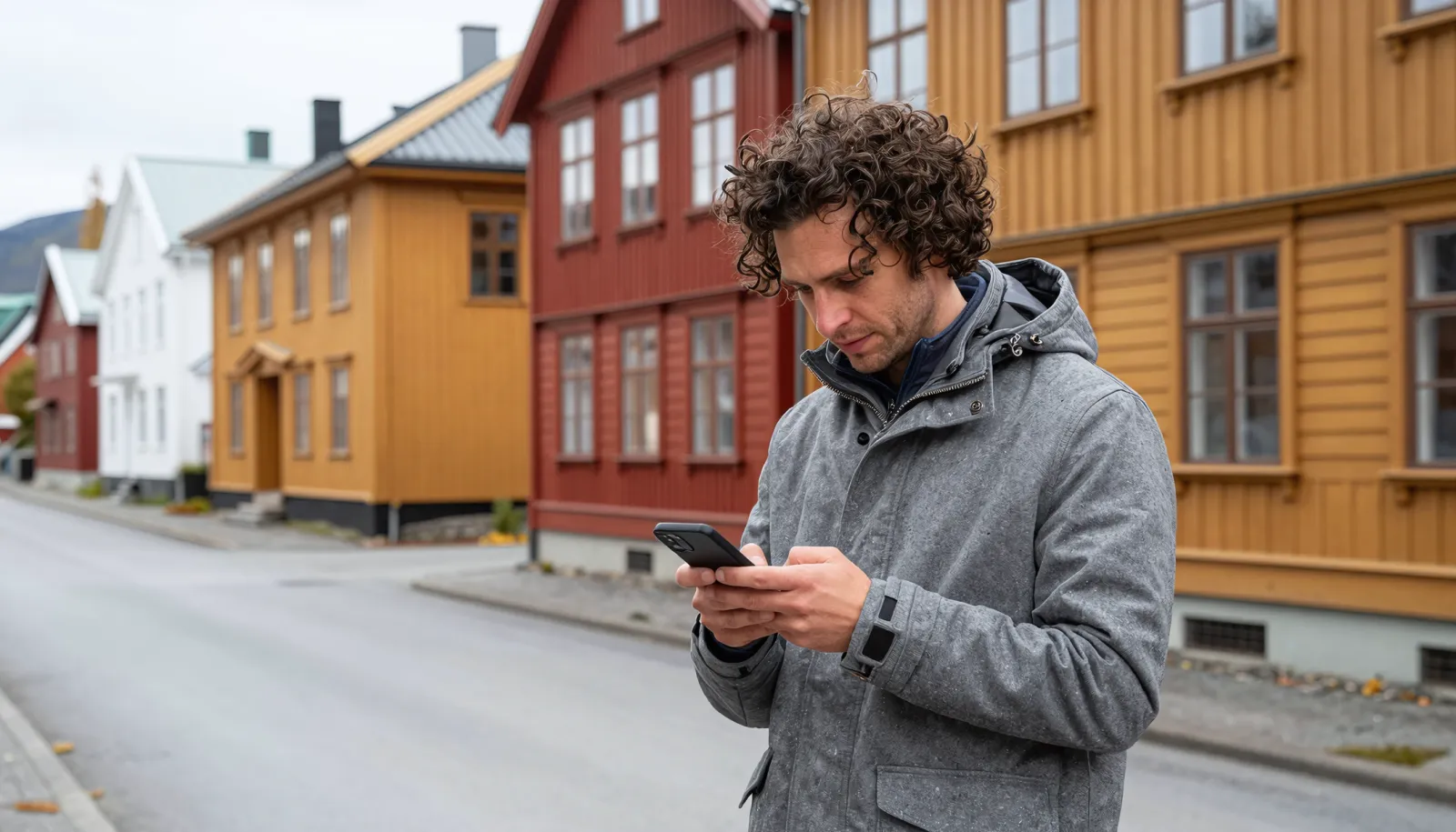 Man using his phone plan in Norway on a city street in autumn