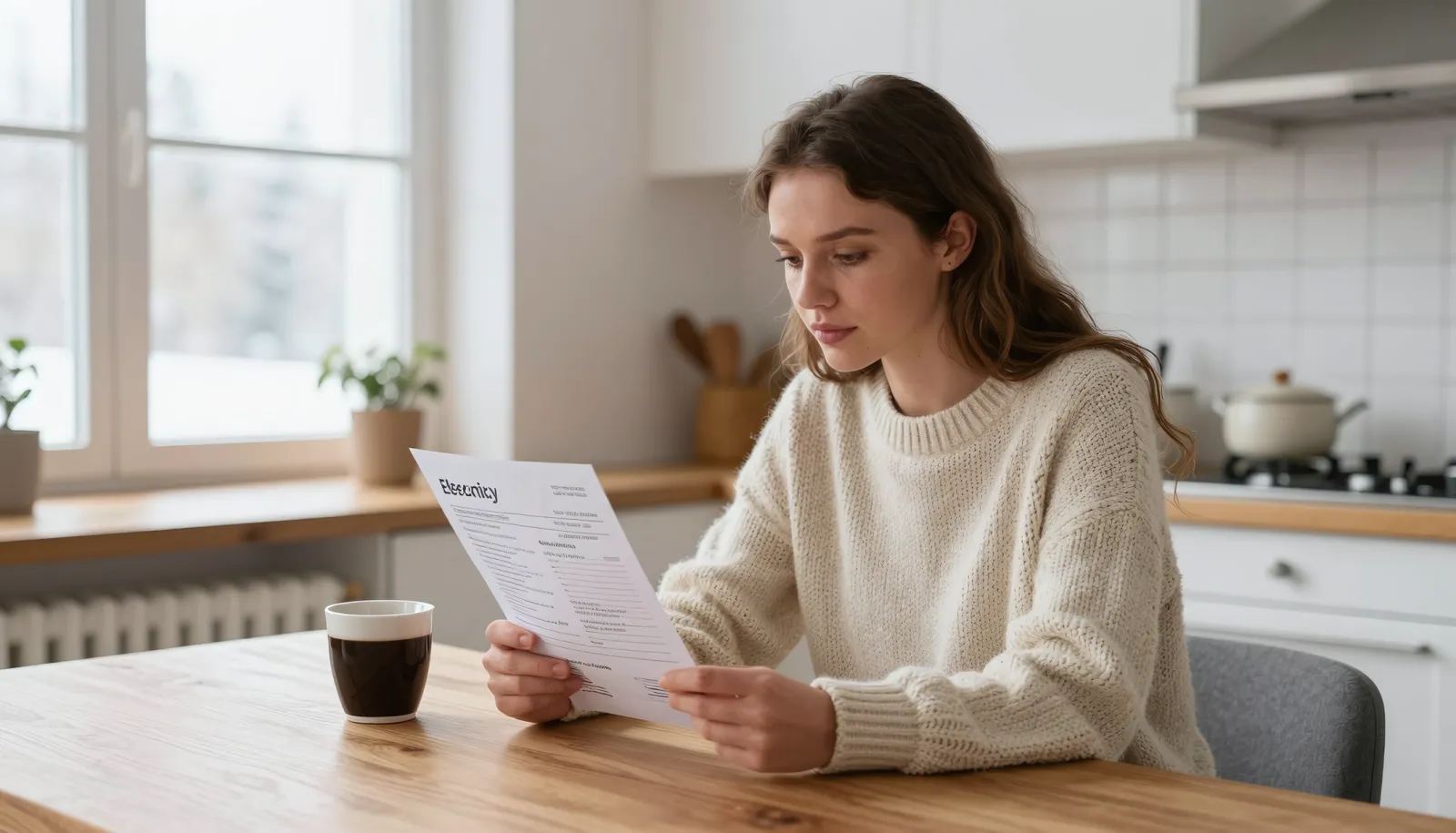 Woman reviewing her monthly electricity bill in a Norwegian apartment