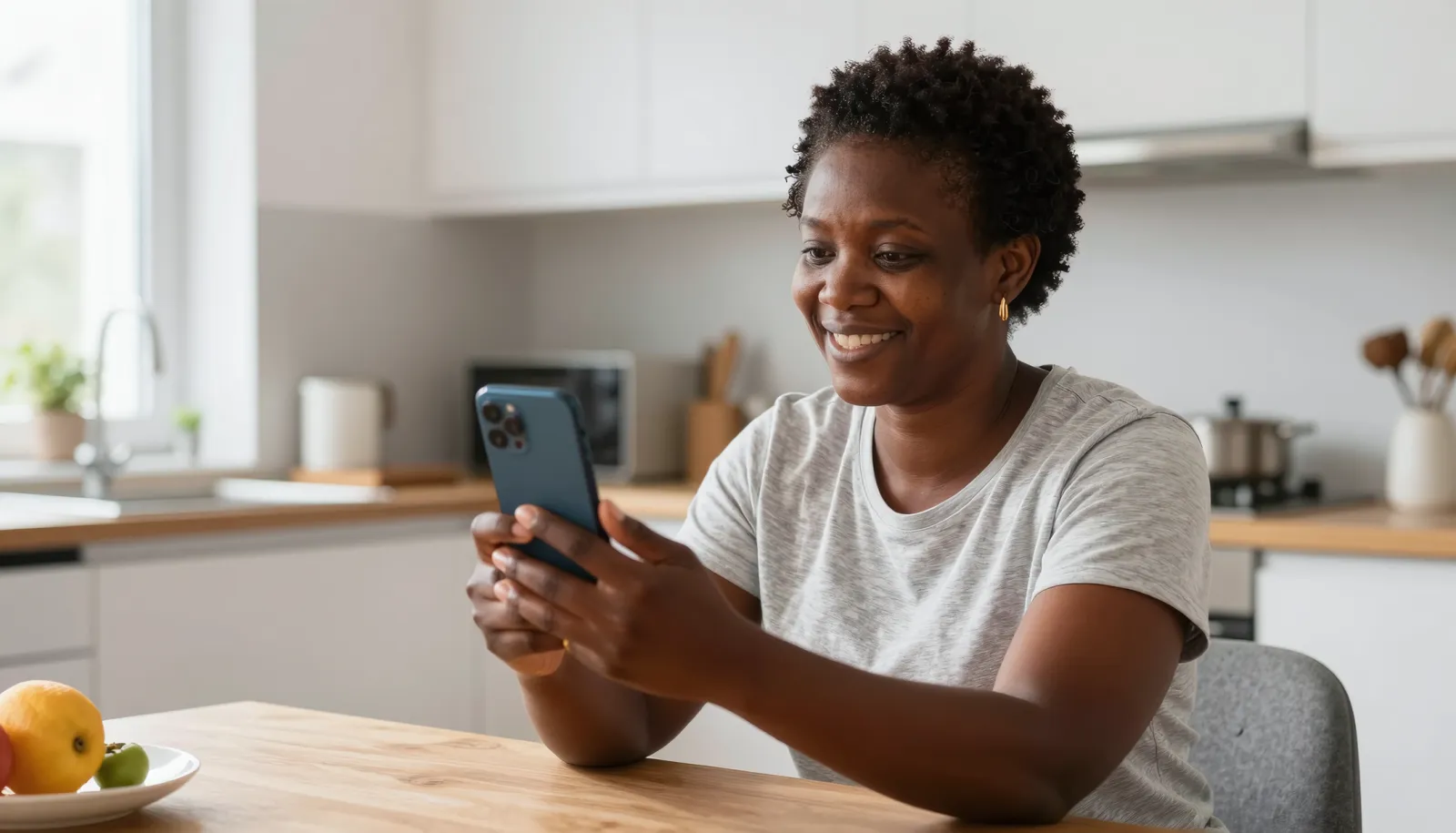Send money abroad from Norway – a woman video-calling her family from her kitchen in Norway