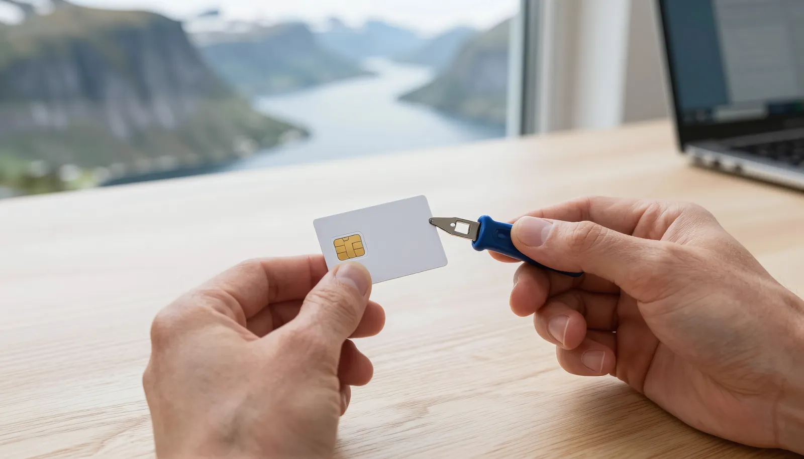 SIM card being inserted for a cheap mobile plan in Norway