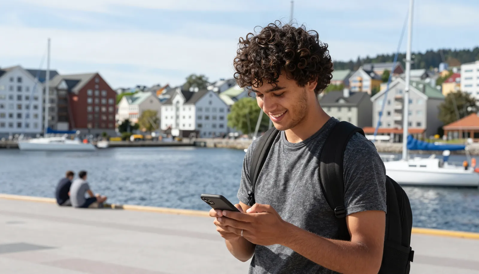 Sim card in Norway – a young traveller connected on his phone at the Oslo harbour