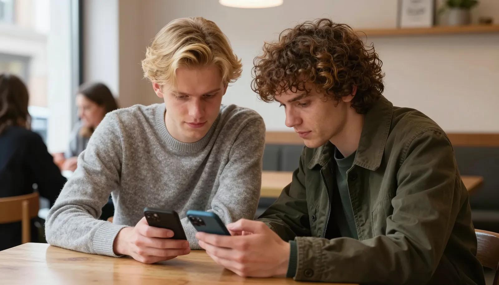 Du žmonės lygina norvegų telefono numerio planus kavinėje