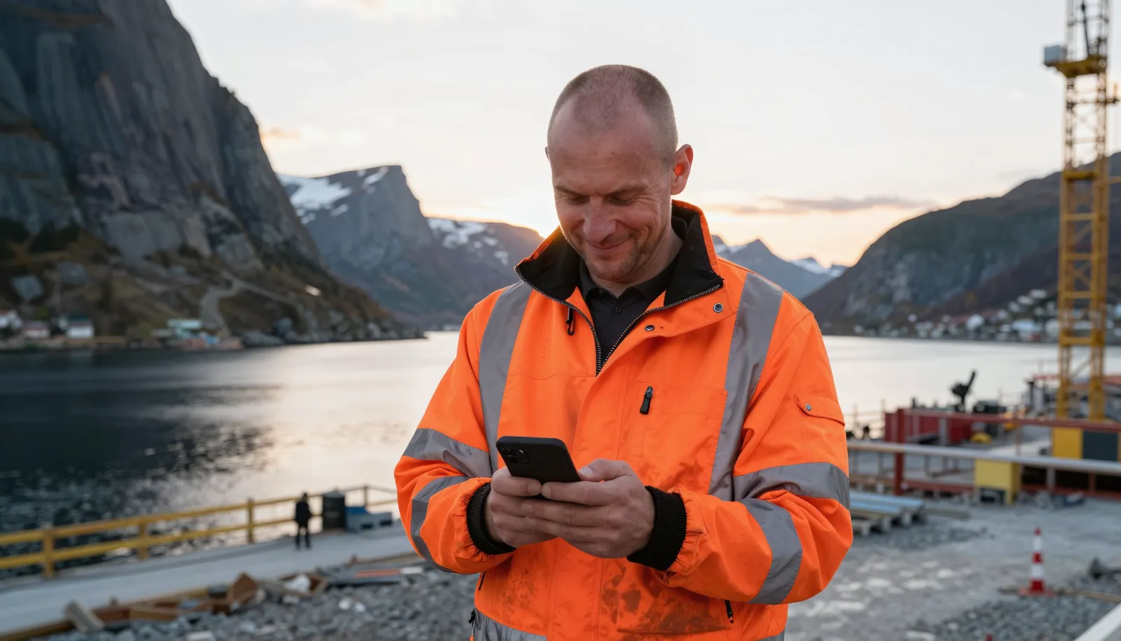 Sim kortelės Norvegijoje – darbininkas statybvietėje prie fiordo naudojasi telefonu