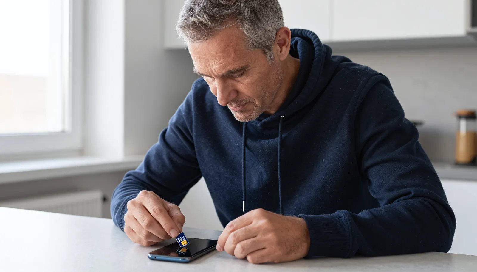 Telefonai Norvegijoje – vyras deda SIM kortelę į išmanųjį telefoną