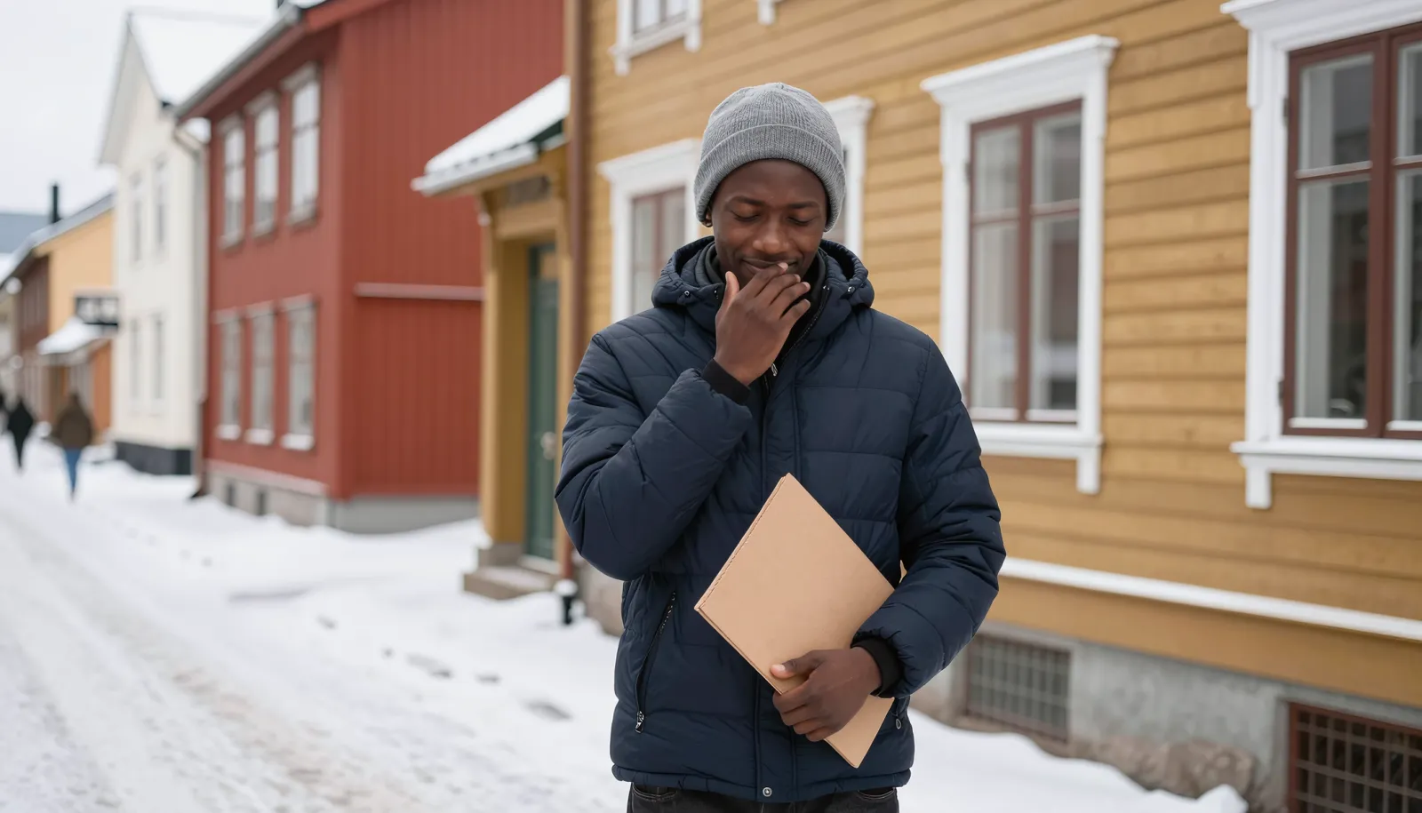 Bankkonto uten BankID – ung mann i snødekt Oslo-gate, lettet etter å ha fått orden på kontoen