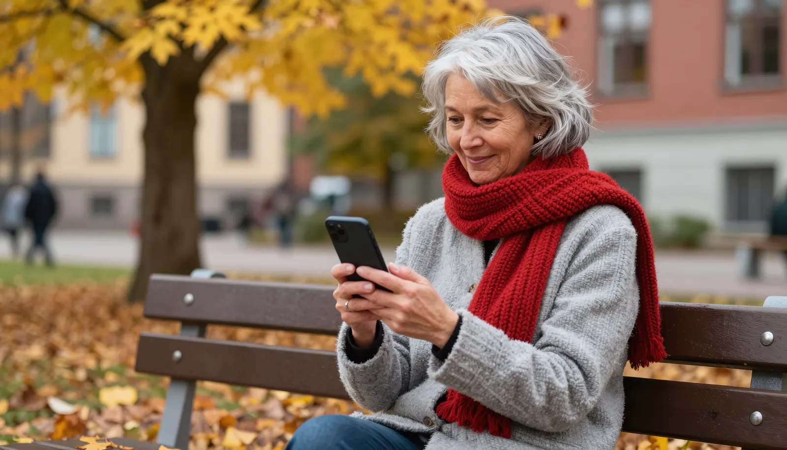Billigste mobilabonnement – kvinne i parken smiler til mobilen