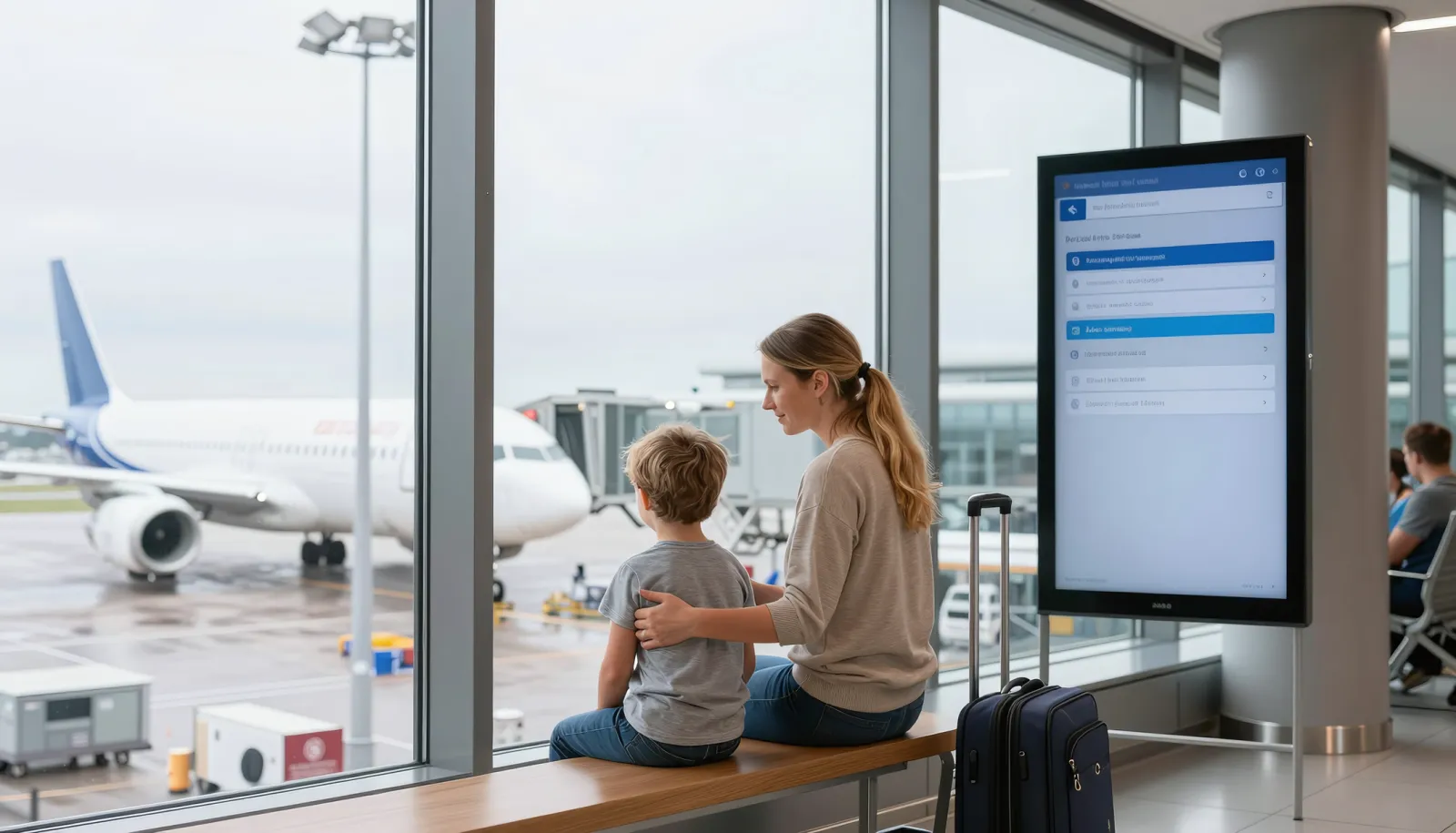 Flyforsinkelse erstatning – familie venter ved vinduet i flyterminalen