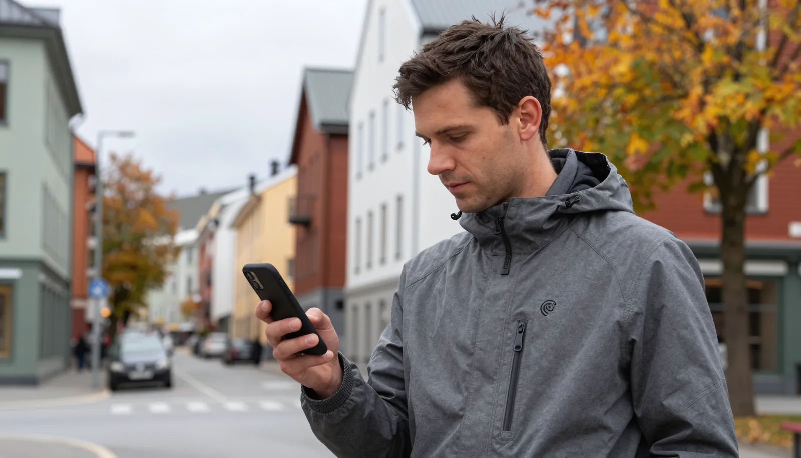 Mann sjekker iPhone med abonnement tilbud på gaten i Norge