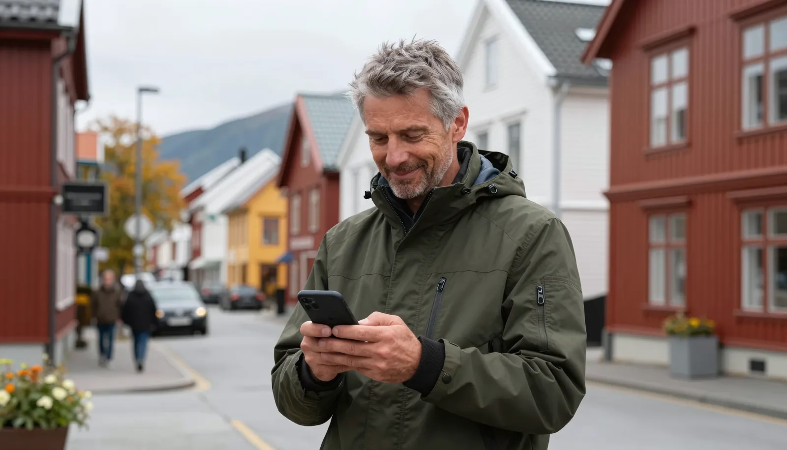 Mann bruker kontantkort på mobilen utendørs i Norge
