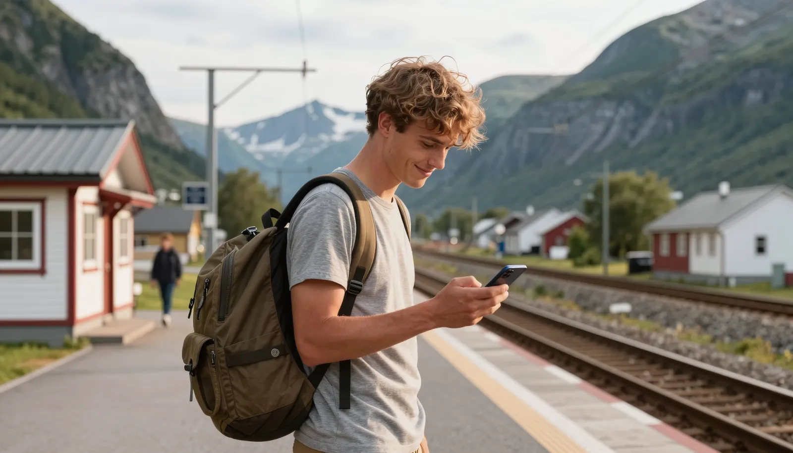 Kontantkort – ung mann på en norsk togstasjon bruker mobilen med en gang