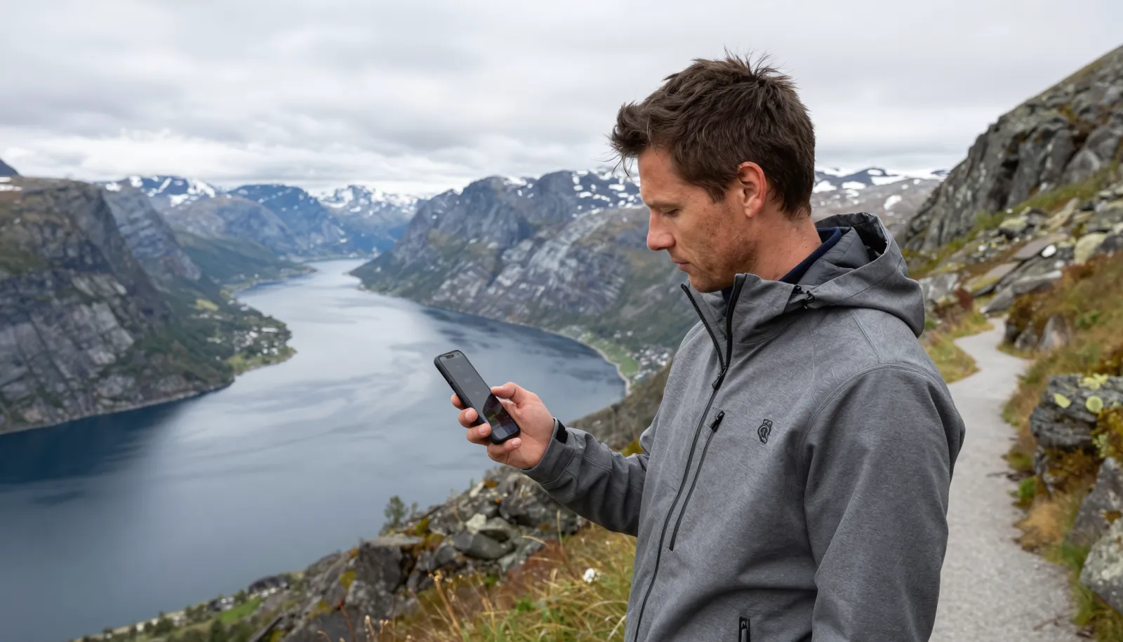 Mann sjekker mobildekning på fjelltur i Norge – viktig for valg av mobilabonnement