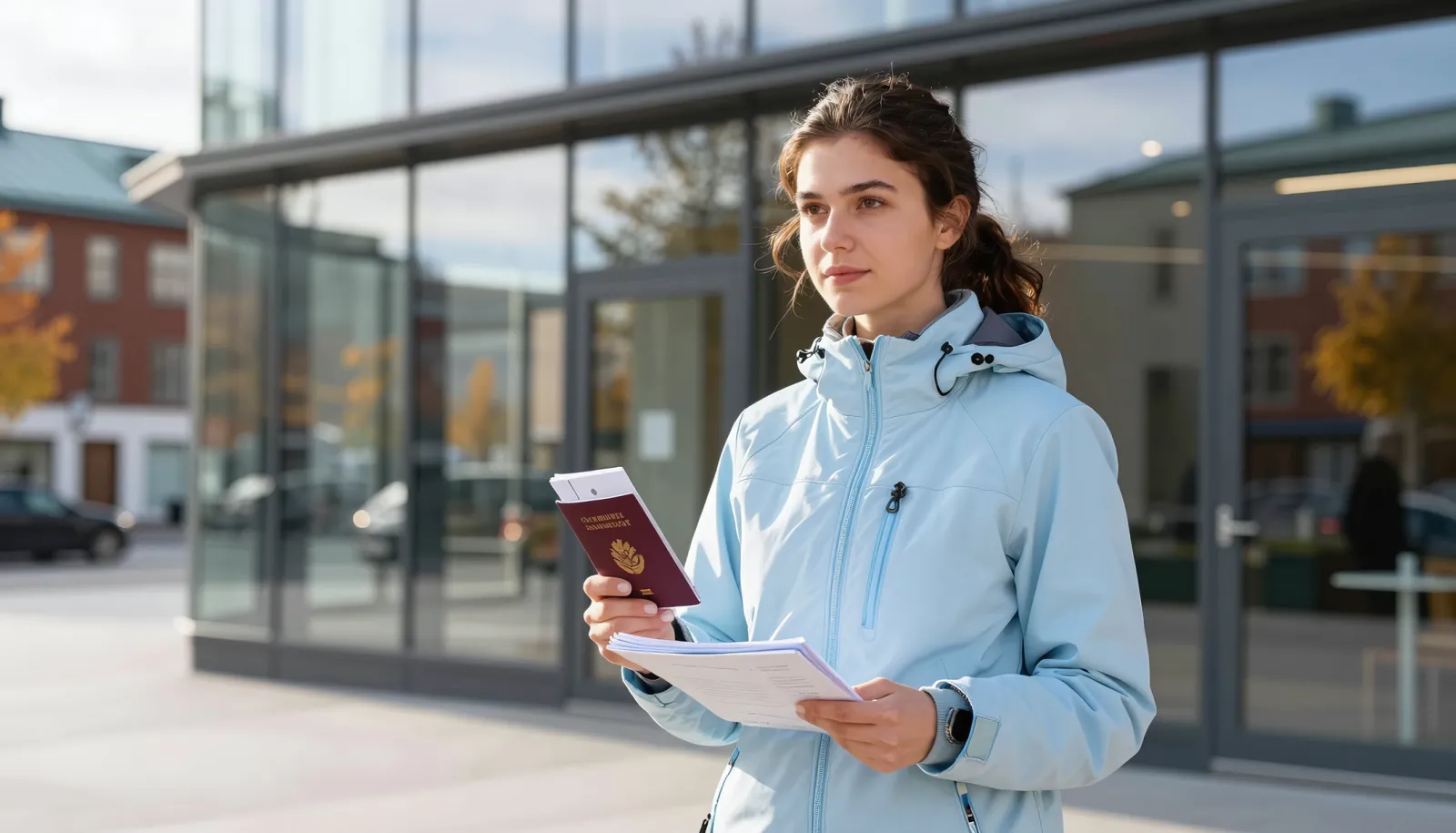Konto w Norwegii bez meldunku – kobieta przed norweskim bankiem z paszportem i dokumentami