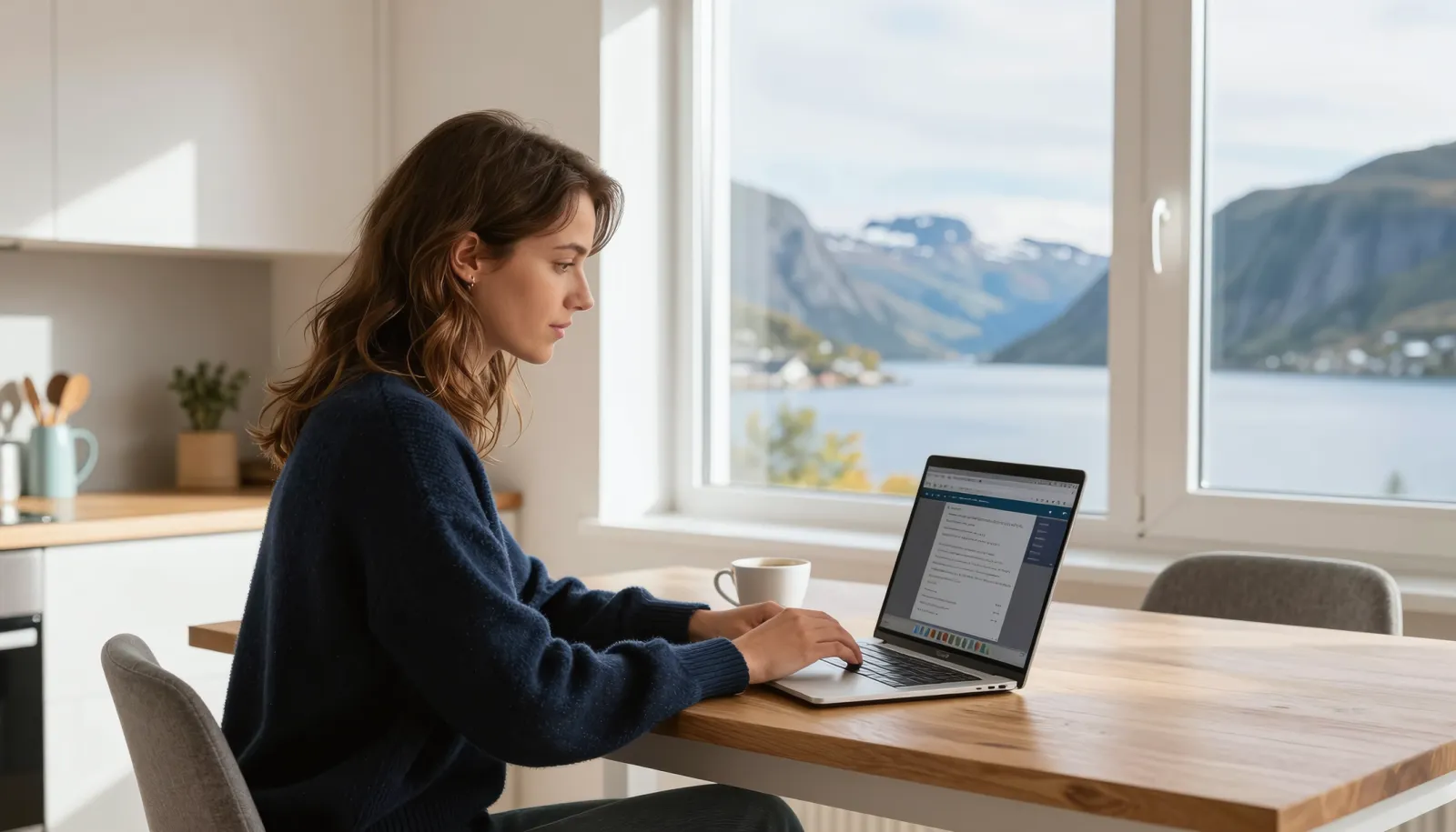 Pożyczka w Norwegii – kobieta porównuje oferty kredytowe online w norweskim mieszkaniu