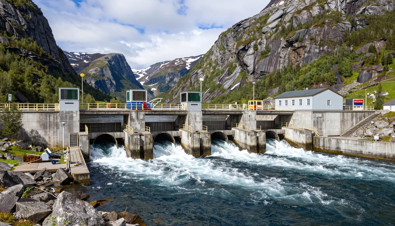 Prąd w Norwegii cena – hydroelektrownia na tle norweskich gór i fiordu