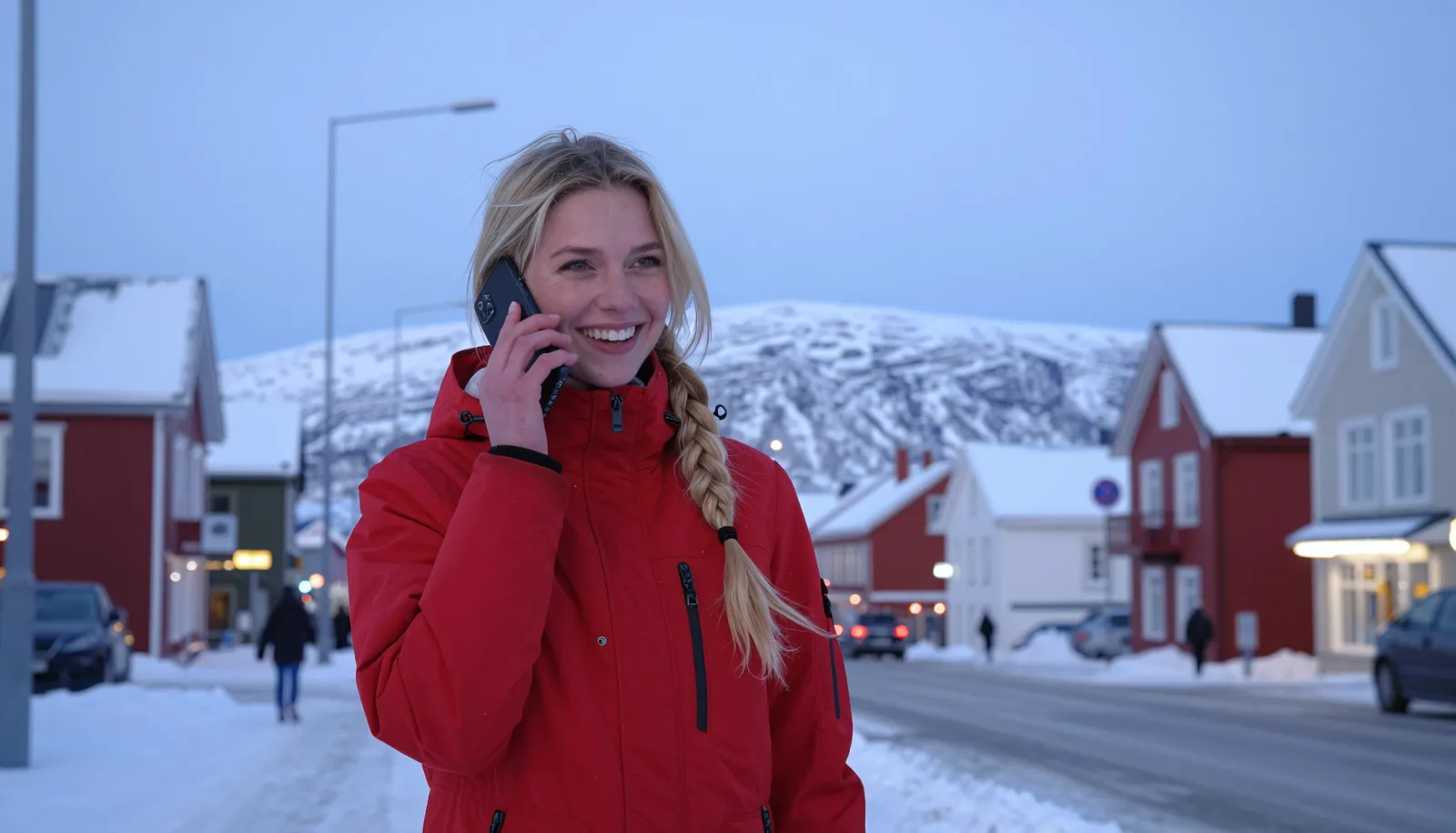Telefon na abonament w Norwegii – kobieta rozmawia przez telefon na zimowej ulicy w Tromsø