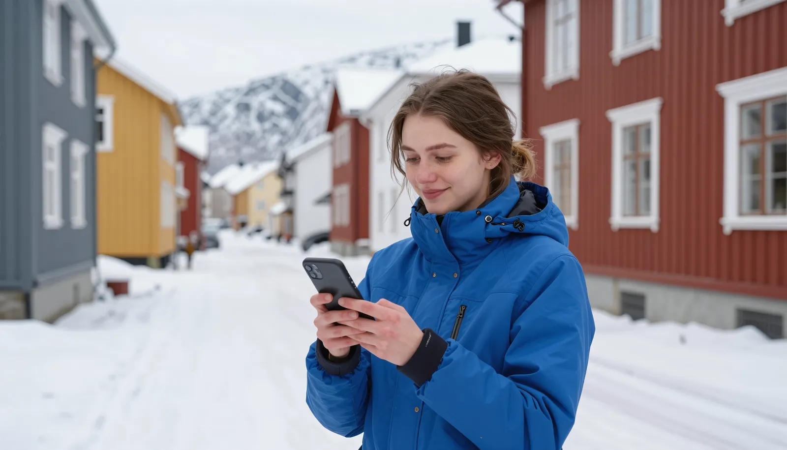 Telefon na raty w Norwegii – kobieta ze smartfonem na norweskiej ulicy
